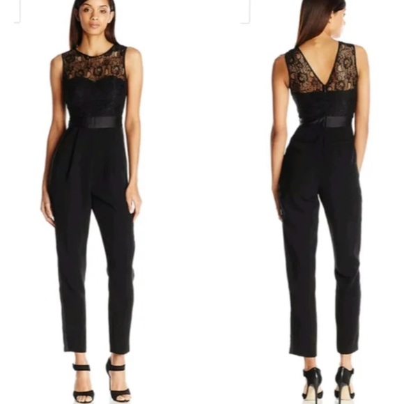 BCBGeneration Black Lace Sleeveless Top Jumpsuit Tuxedo Pants w Pockets Size 4